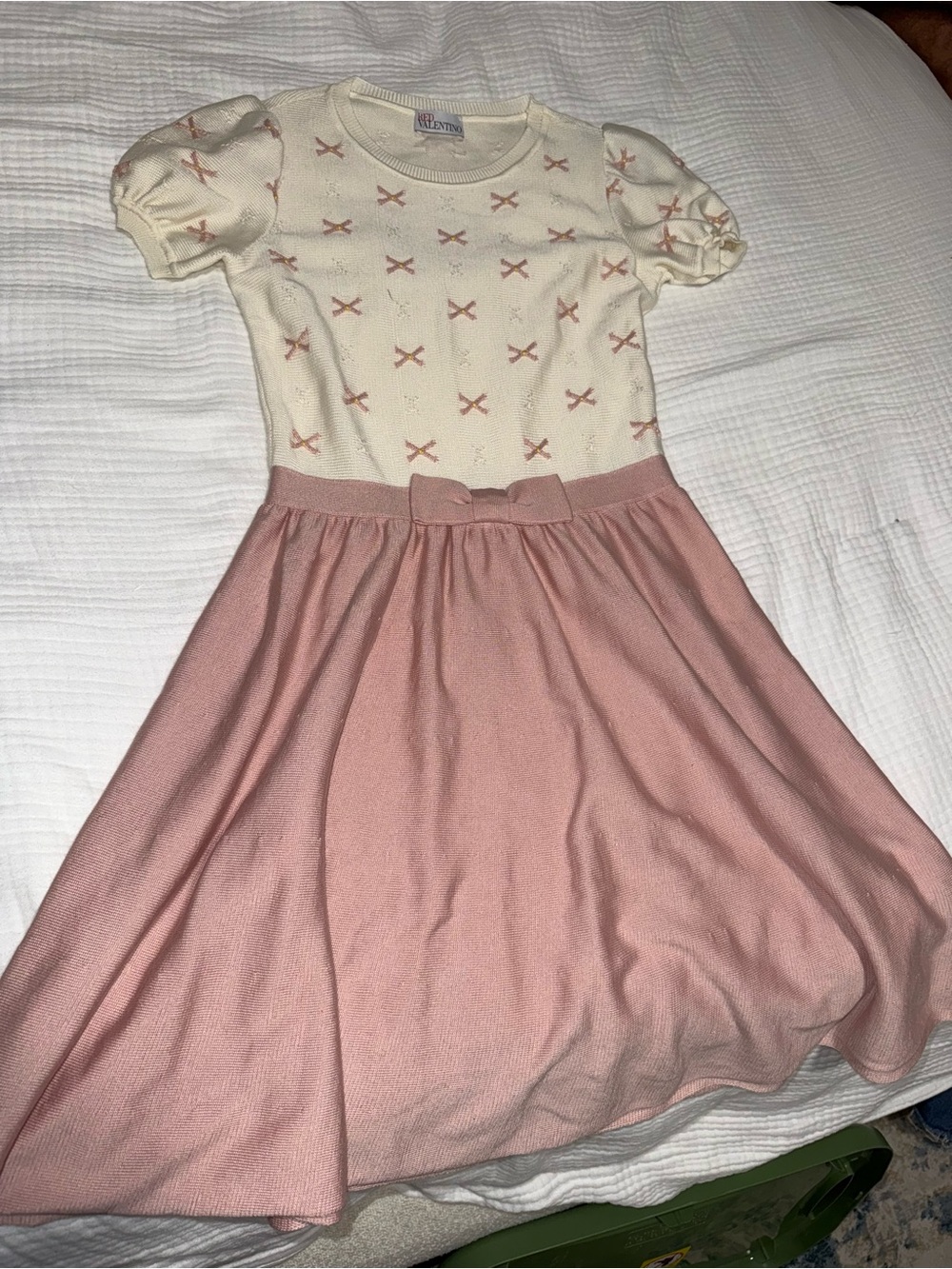 RED Valentino Cream and Pink Bow-Trim Knit Dress - Picture 2 of 5
